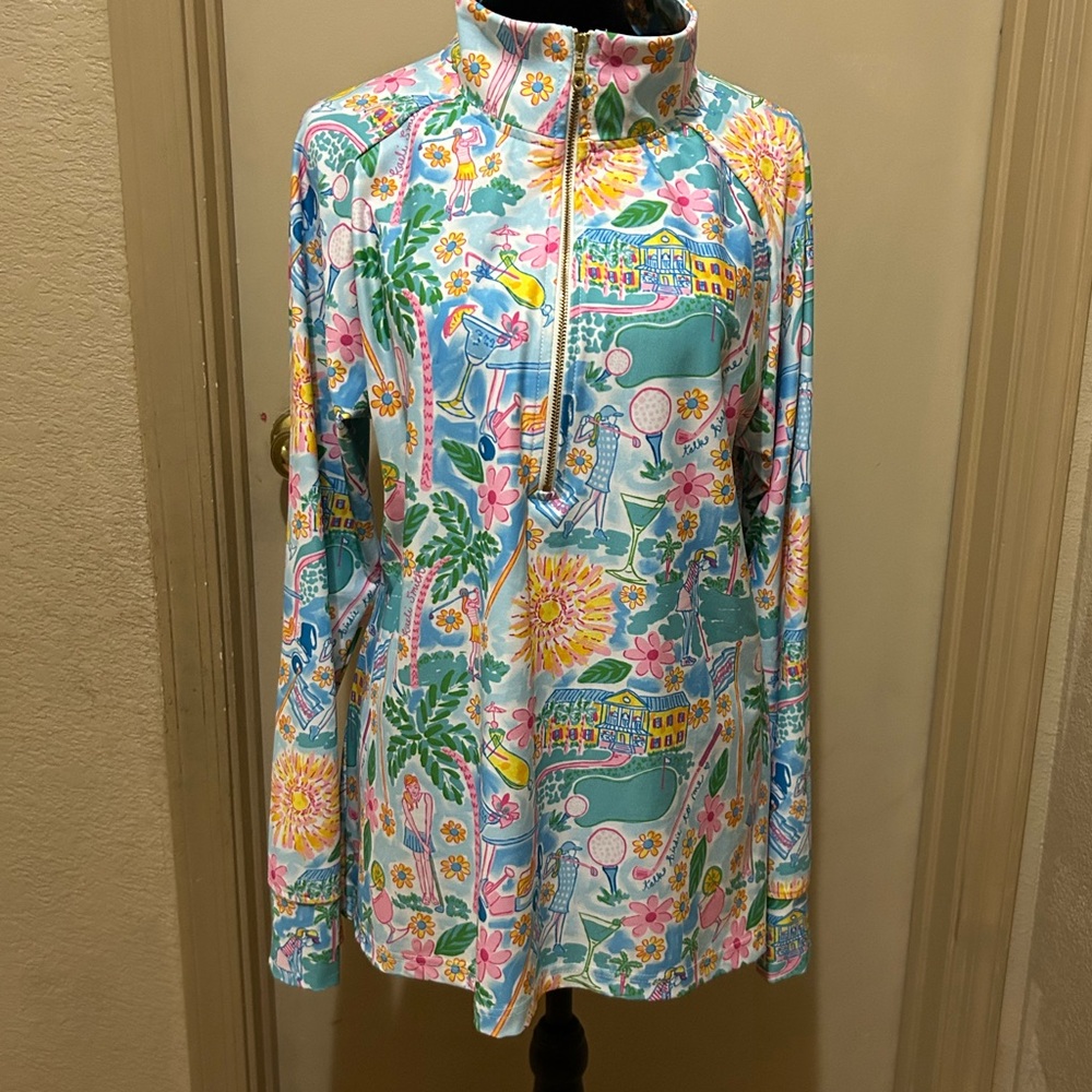 Kaeli Smith Golf Pullover Shirt Womens Quarter Zip SZ L Long SLV Golf Flowers